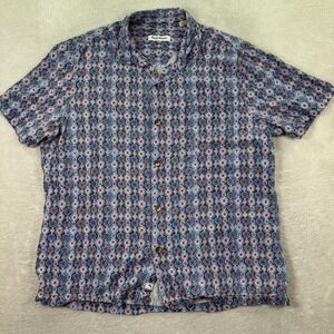 Tommy Bahama Silk Shirt Men XL Blue Orange Geometric Print Short Sleeve Hawaiian